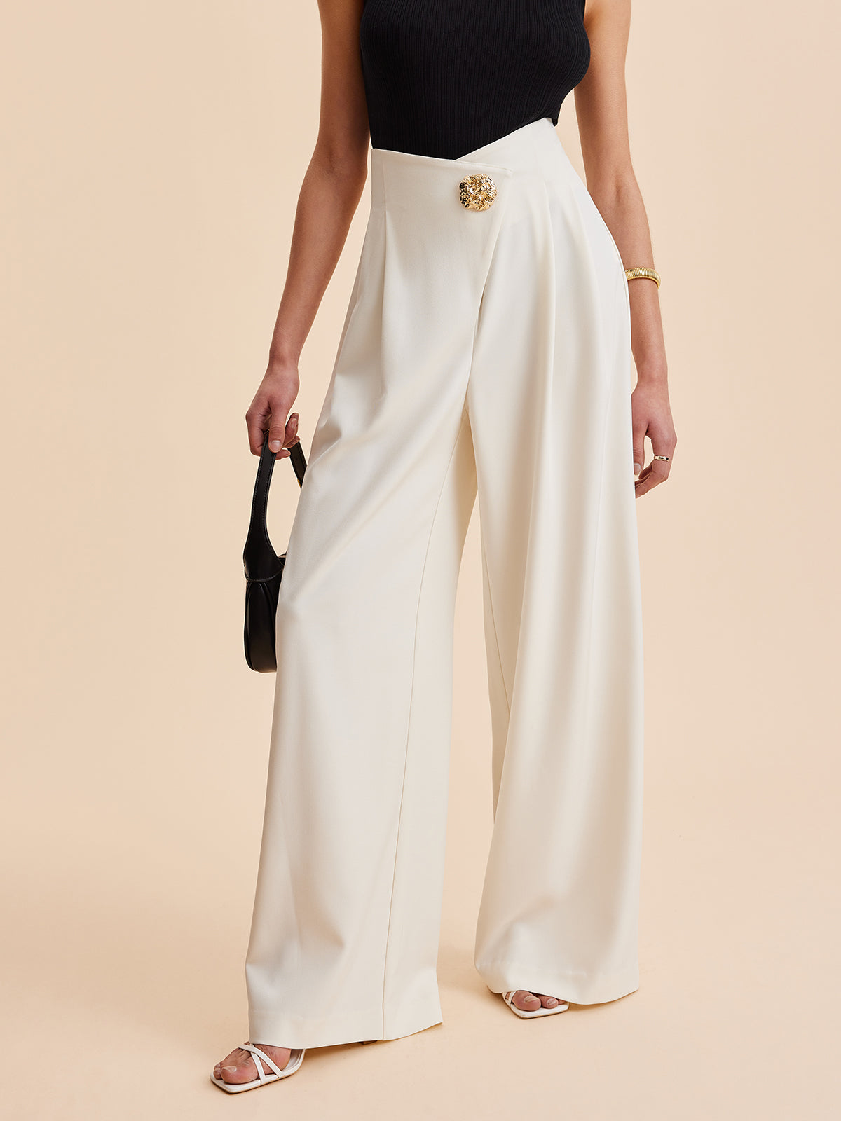 Women's Wide-Leg Trousers with Embellished High Waist - 4