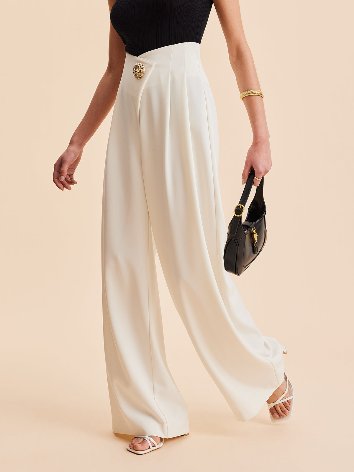 Women's Wide-Leg Trousers with Embellished High Waist - 5