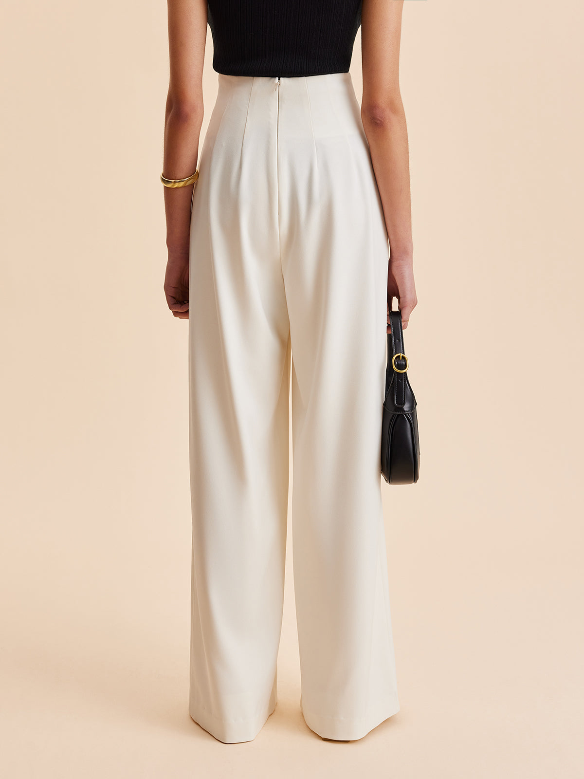 Women's Wide-Leg Trousers with Embellished High Waist - Apricot