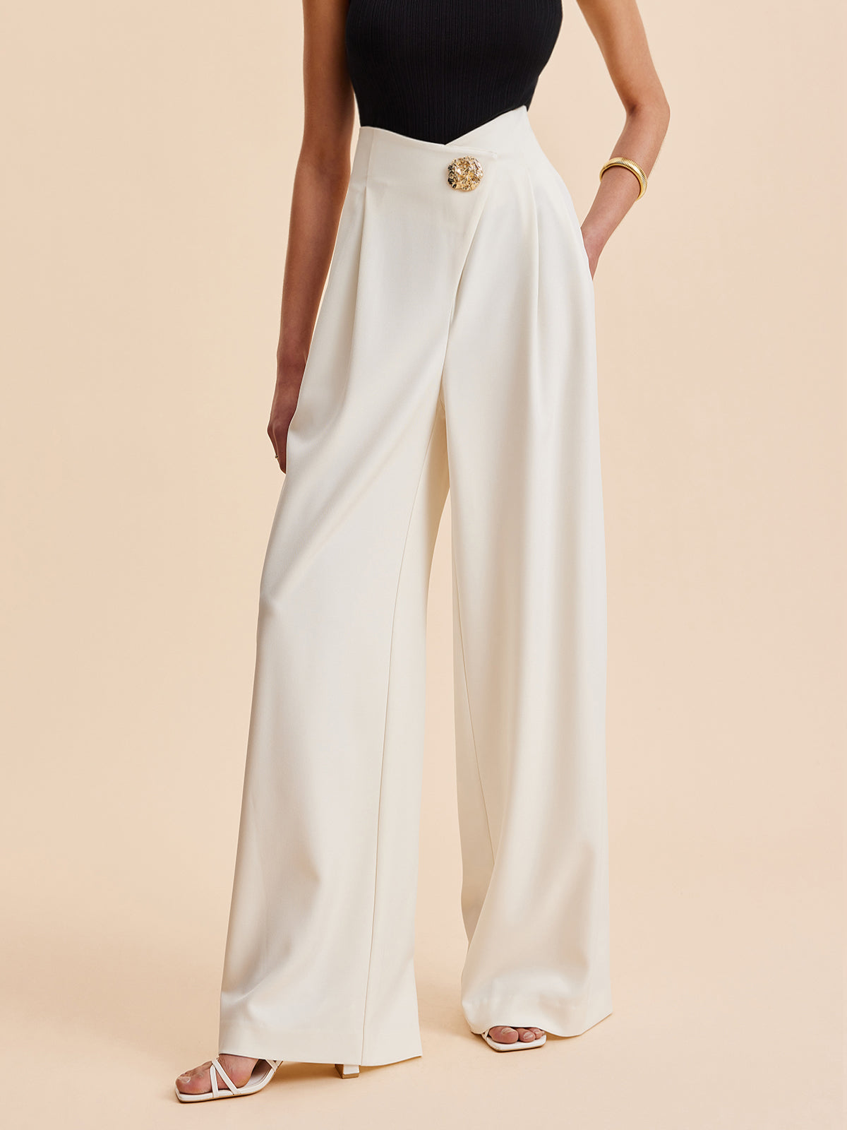 Women's Wide-Leg Trousers with Embellished High Waist - 2
