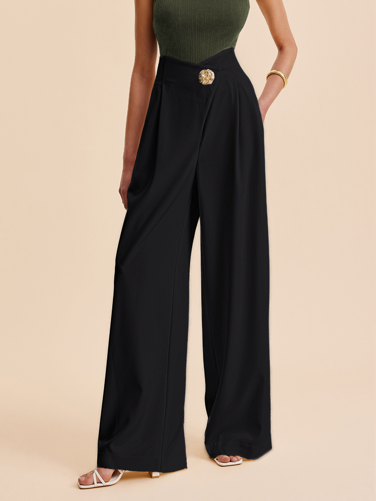 Women's Wide-Leg Trousers with Embellished High Waist - Black
