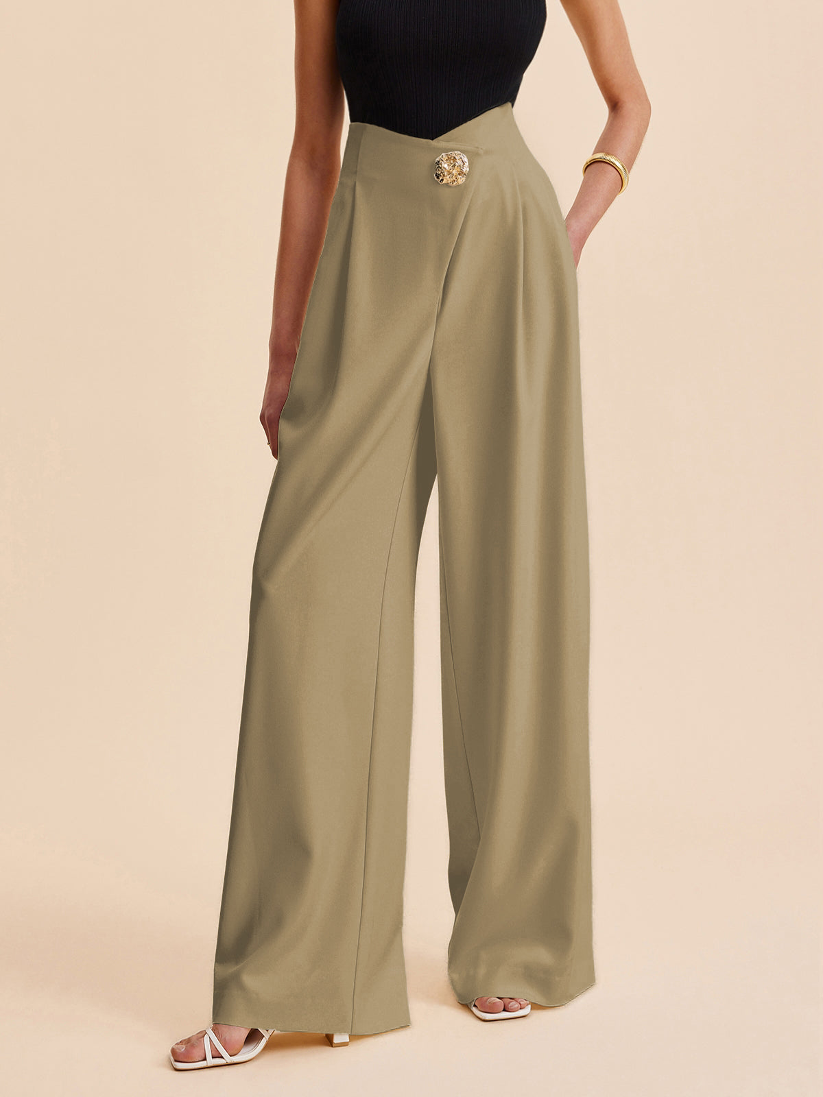 Women's Wide-Leg Trousers with Embellished High Waist - Khaki