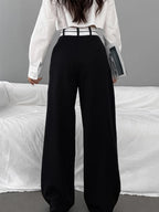 Women's Wide-Leg Trousers with Asymmetric Contrast Waistband - 4