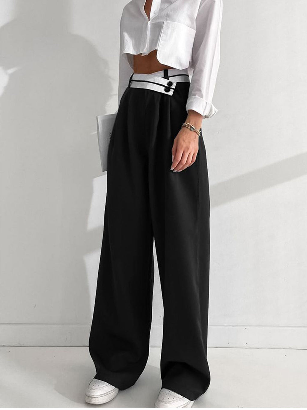 Women's Wide-Leg Trousers with Asymmetric Contrast Waistband - 5