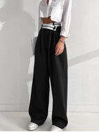 Women's Wide-Leg Trousers with Asymmetric Contrast Waistband - 5