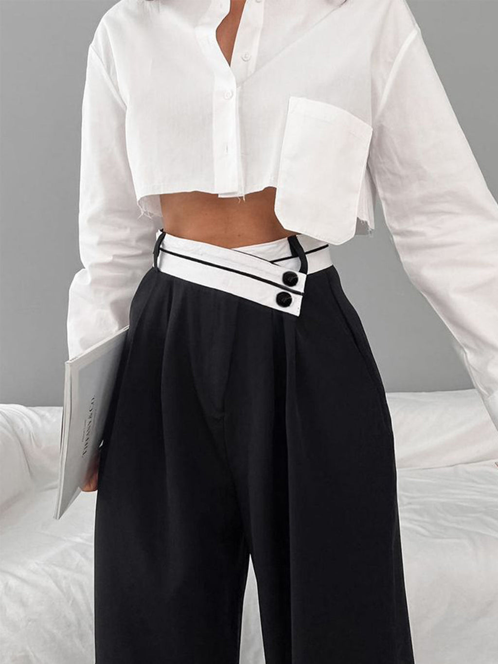 Women's Wide-Leg Trousers with Asymmetric Contrast Waistband - Black