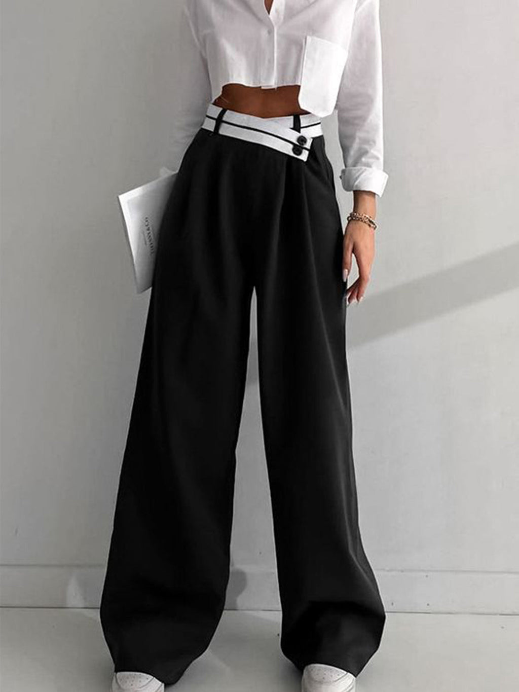 Women's Wide-Leg Trousers with Asymmetric Contrast Waistband - 2