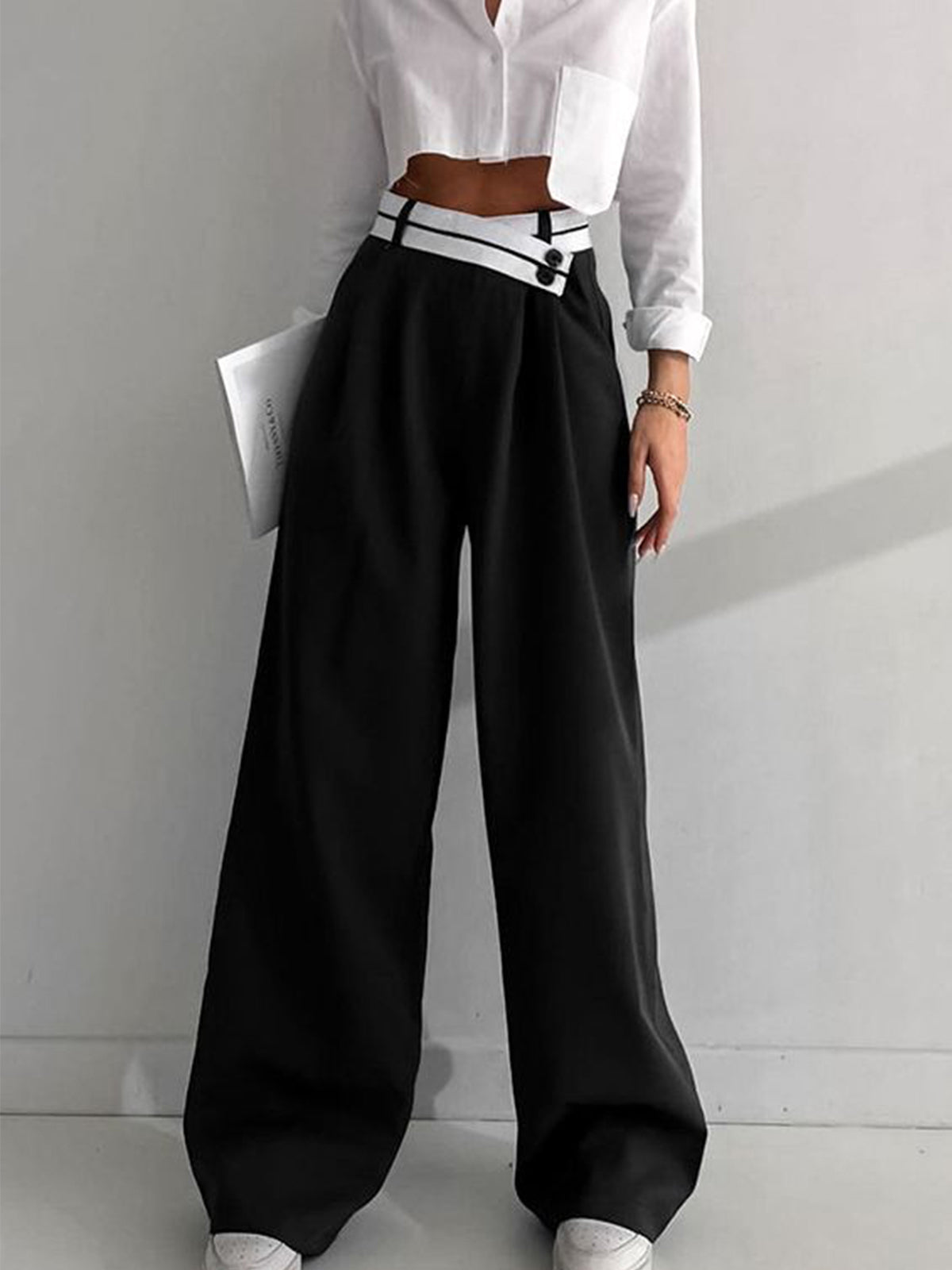 Women's Wide-Leg Trousers with Asymmetric Contrast Waistband - 2