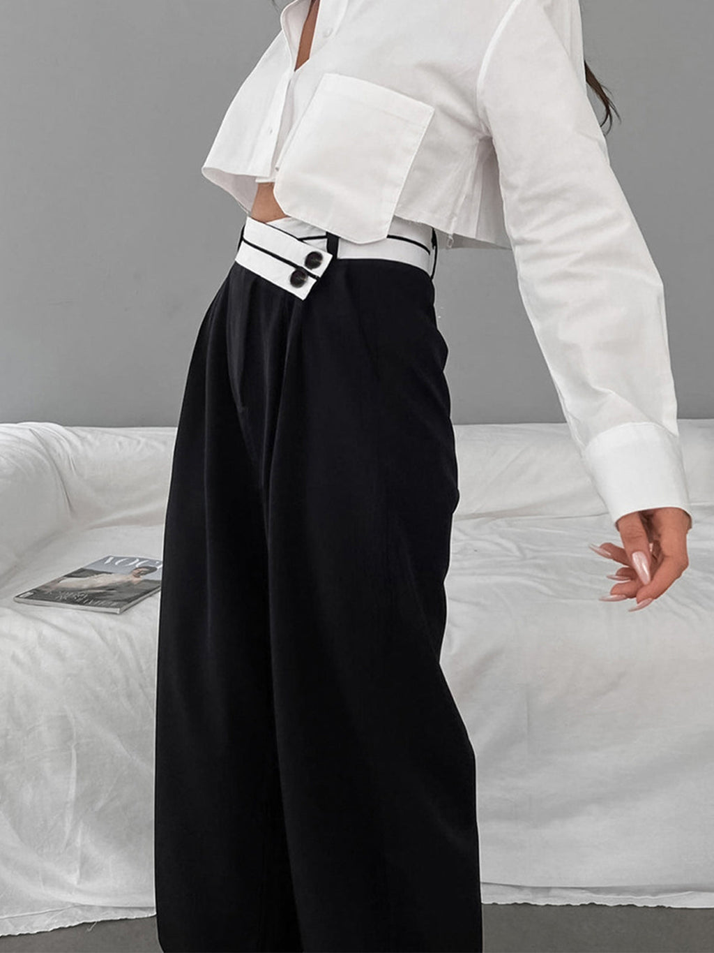 Women's Wide-Leg Trousers with Asymmetric Contrast Waistband - 6