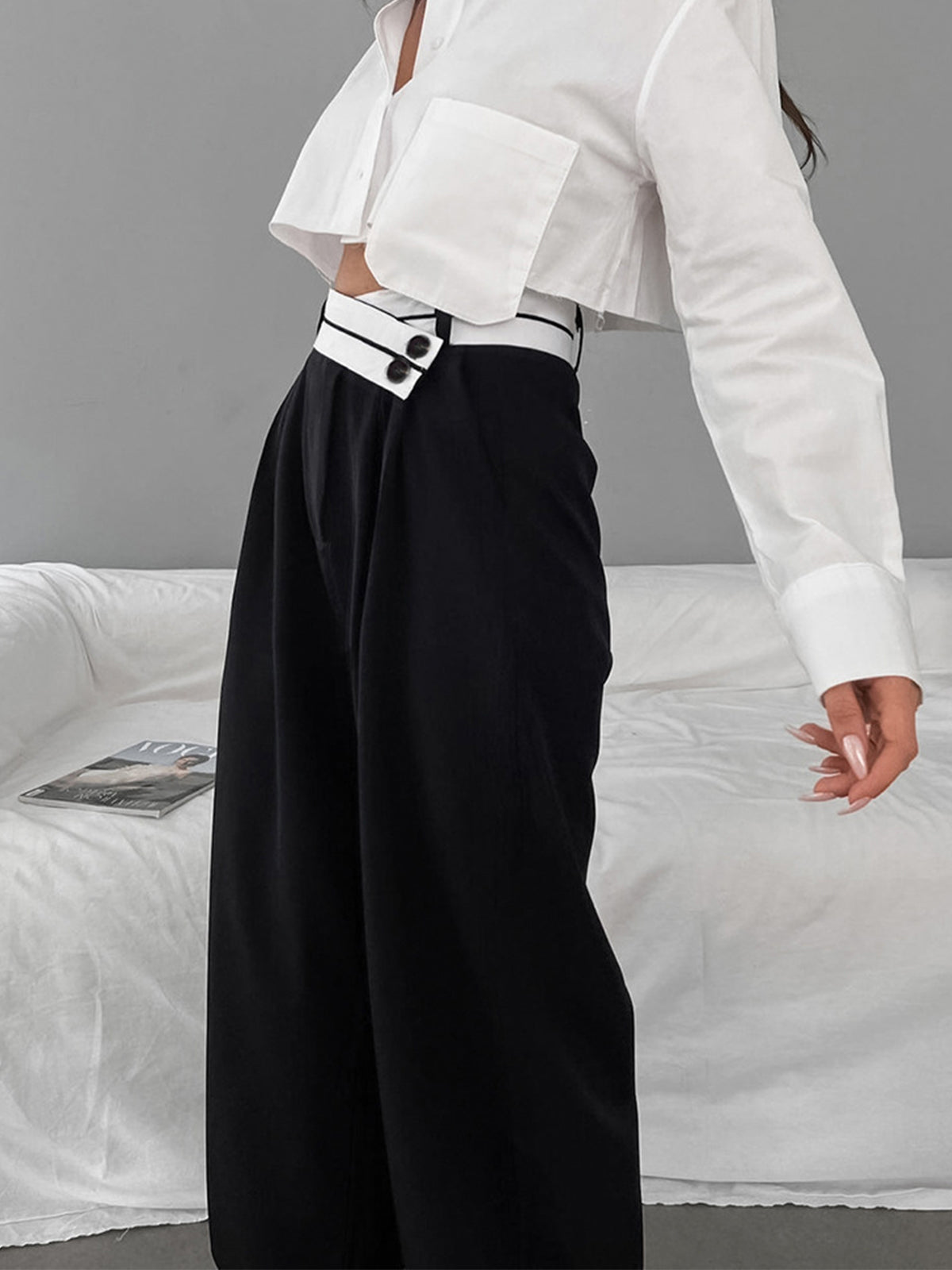 Women's Wide-Leg Trousers with Asymmetric Contrast Waistband - 6