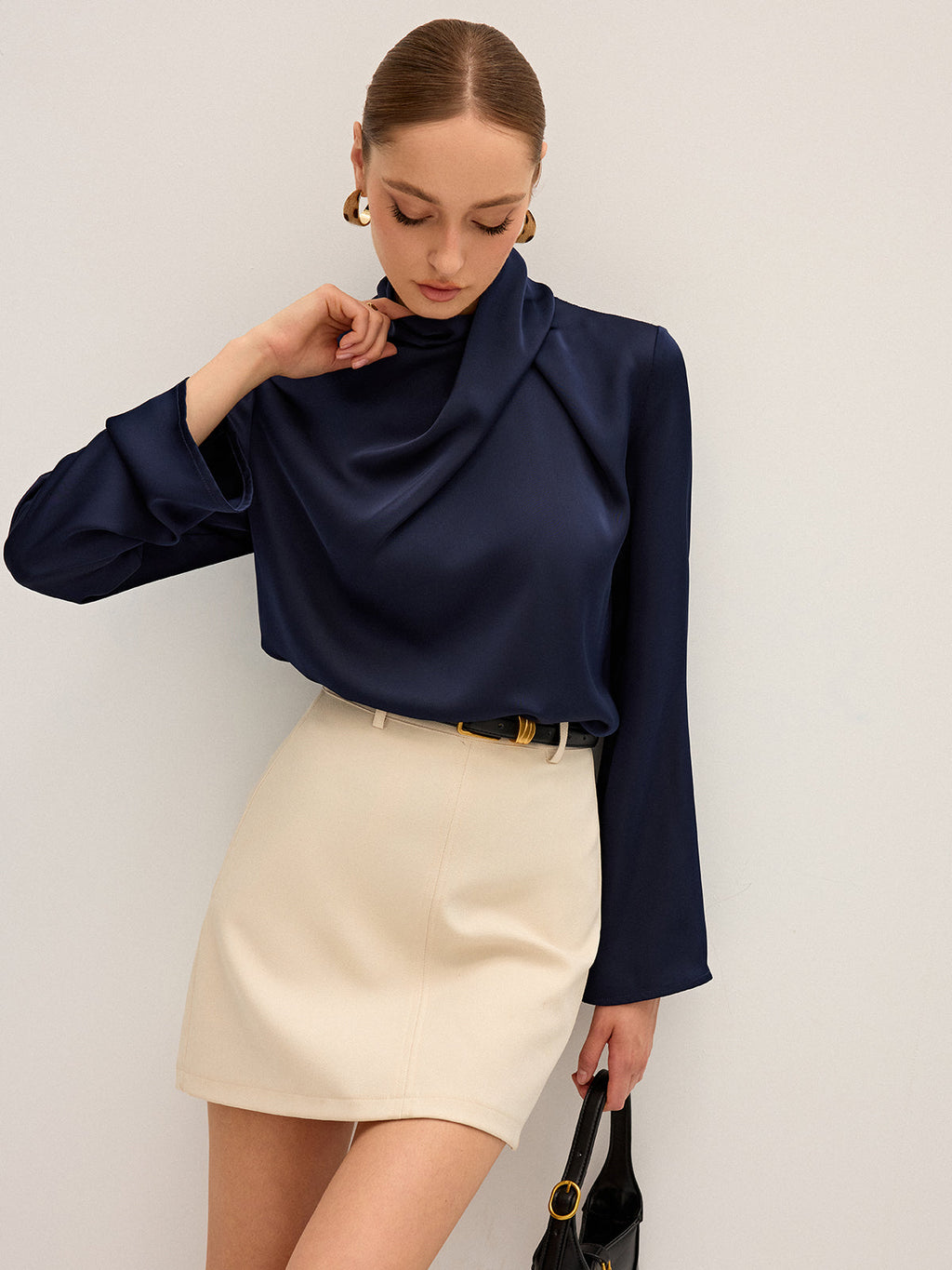 Women's Draped Satin Blouse with High Neck and Long Sleeves - 6