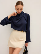 Women's Draped Satin Blouse with High Neck and Long Sleeves - 6