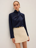 Women's Draped Satin Blouse with High Neck and Long Sleeves - Navy