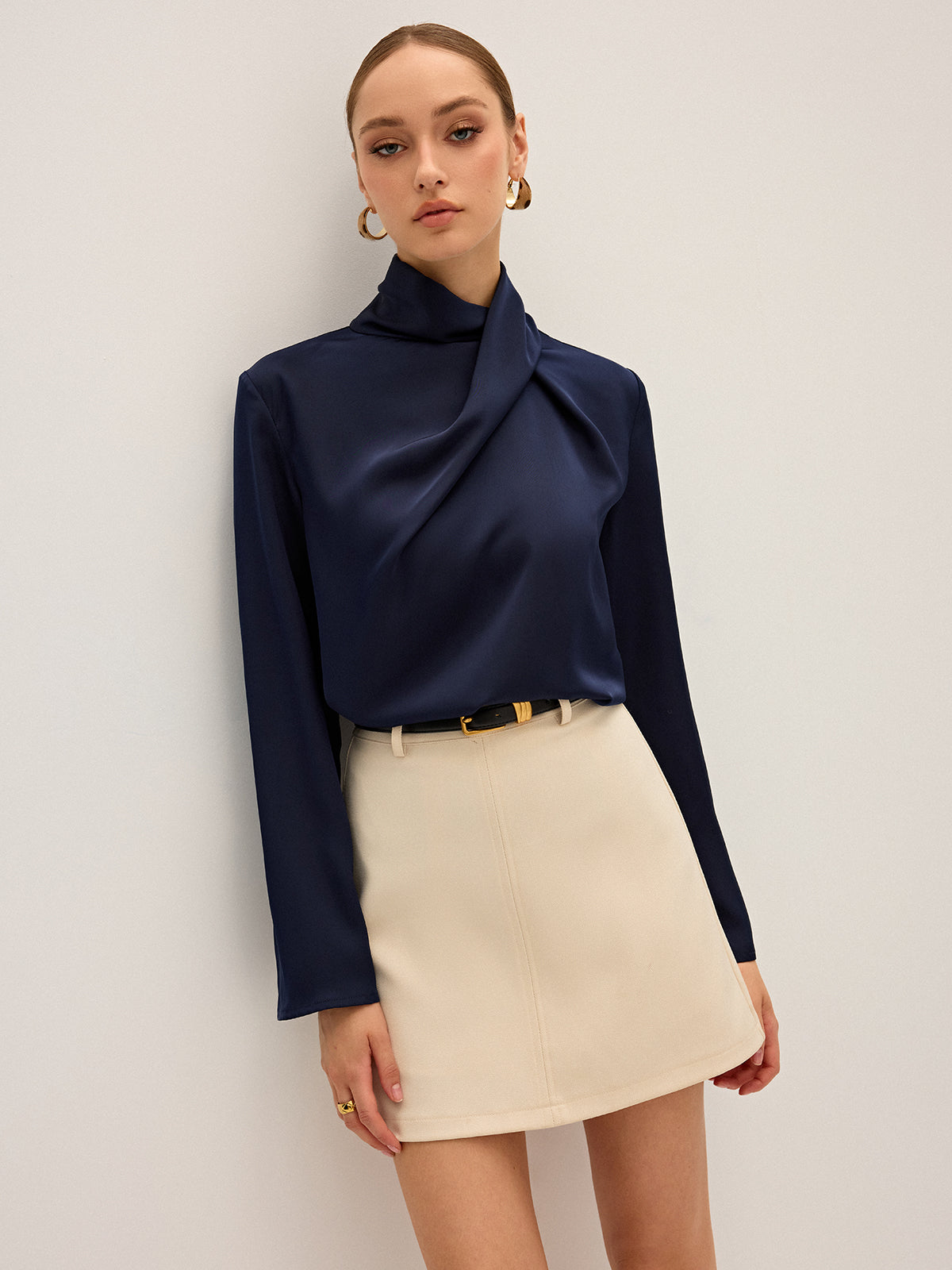 Women's Draped Satin Blouse with High Neck and Long Sleeves - Navy