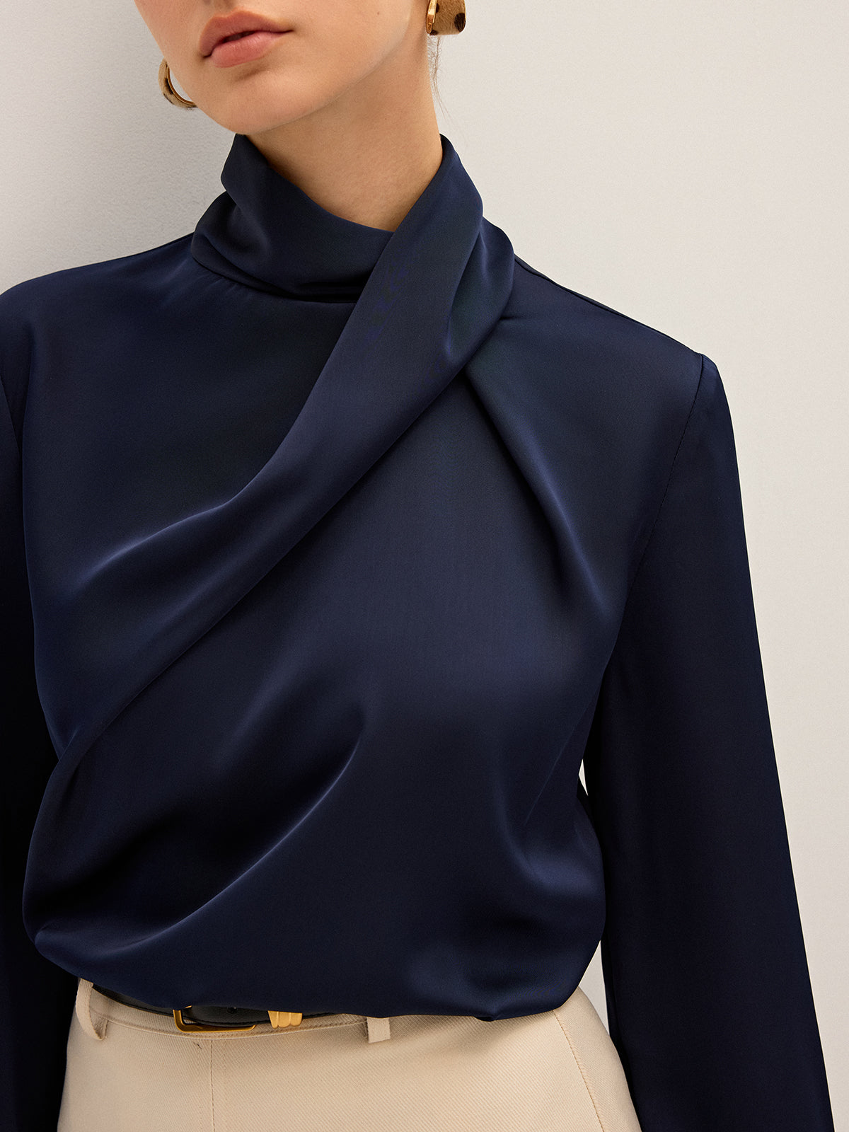 Women's Draped Satin Blouse with High Neck and Long Sleeves - 3