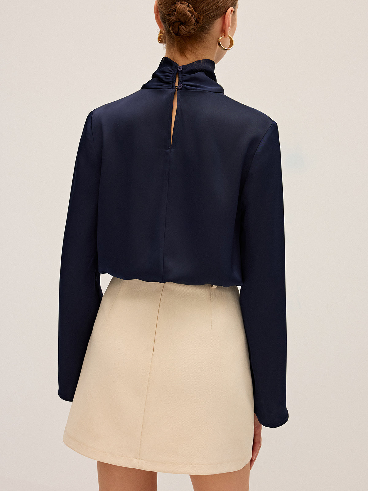 Women's Draped Satin Blouse with High Neck and Long Sleeves - 4