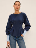 Women's Sweatshirt with Balloon Sleeves and Peplum Hem - Navy