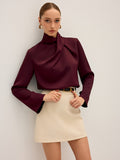 Women's Draped Satin Blouse with High Neck and Long Sleeves - Burgundy