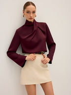 Women's Draped Satin Blouse with High Neck and Long Sleeves - Burgundy