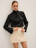 Women's Draped Satin Blouse with High Neck and Long Sleeves - Black