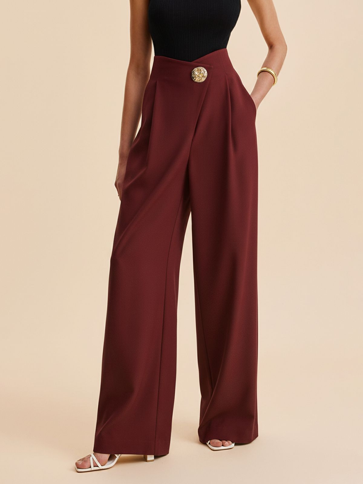 Women's Wide-Leg Trousers with Embellished High Waist - Burgundy