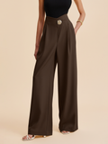 Women's Wide-Leg Trousers with Embellished High Waist - Dark Brown
