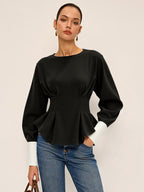 Women's Sweatshirt with Balloon Sleeves and Peplum Hem - Black & White