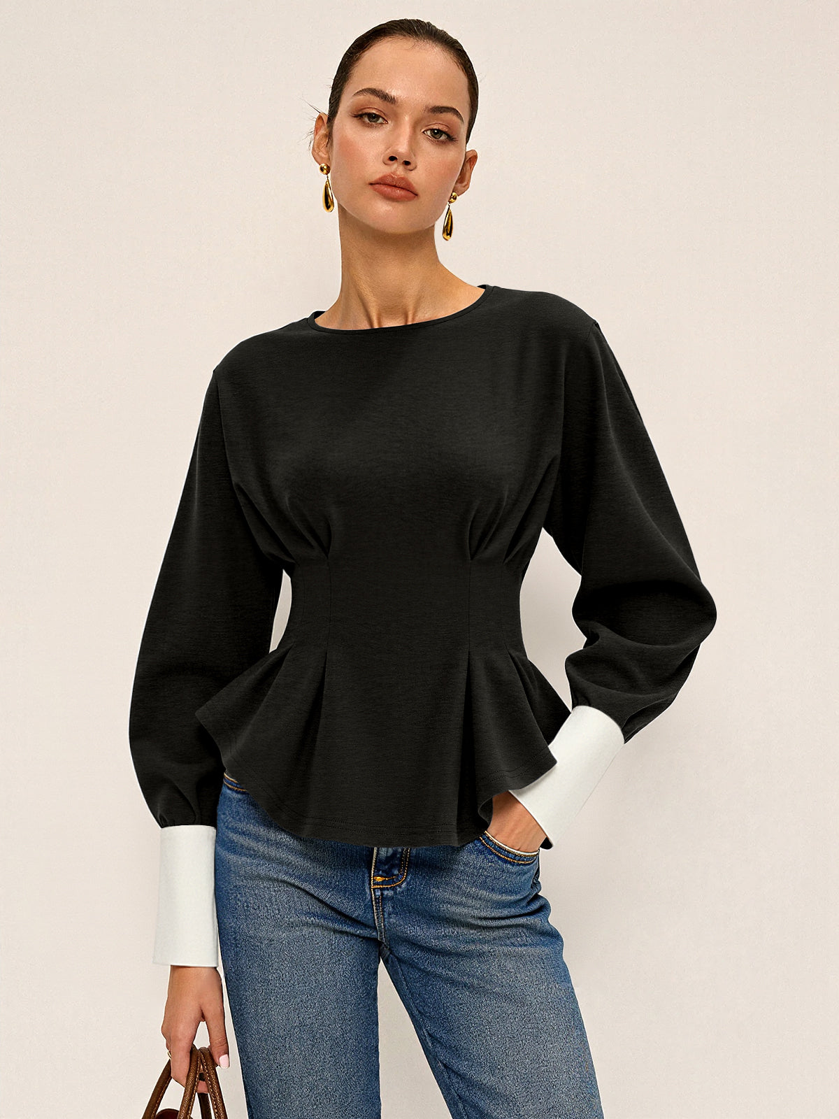 Women's Sweatshirt with Balloon Sleeves and Peplum Hem - Black & White