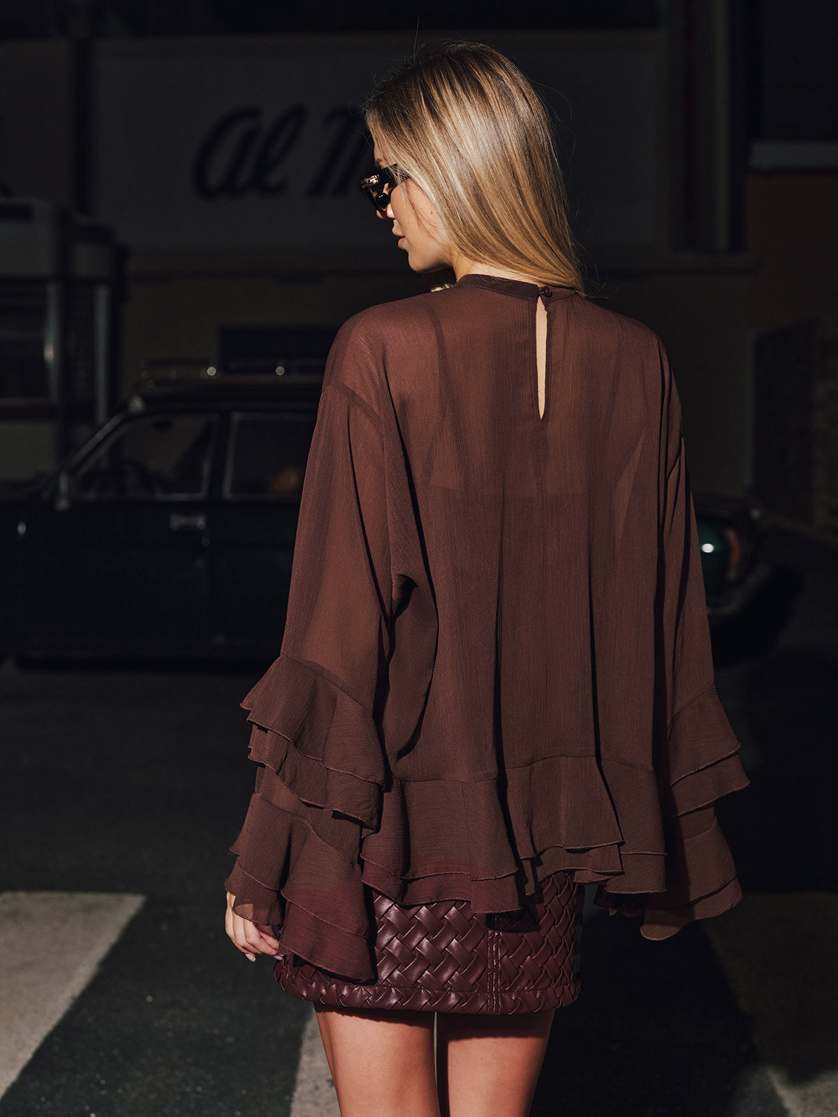 Women's Blouse with Tiered Ruffle Sleeves and Crew Neck - 6