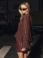 Women's Blouse with Tiered Ruffle Sleeves and Crew Neck - 7
