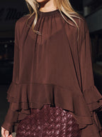 Women's Blouse with Tiered Ruffle Sleeves and Crew Neck - 5