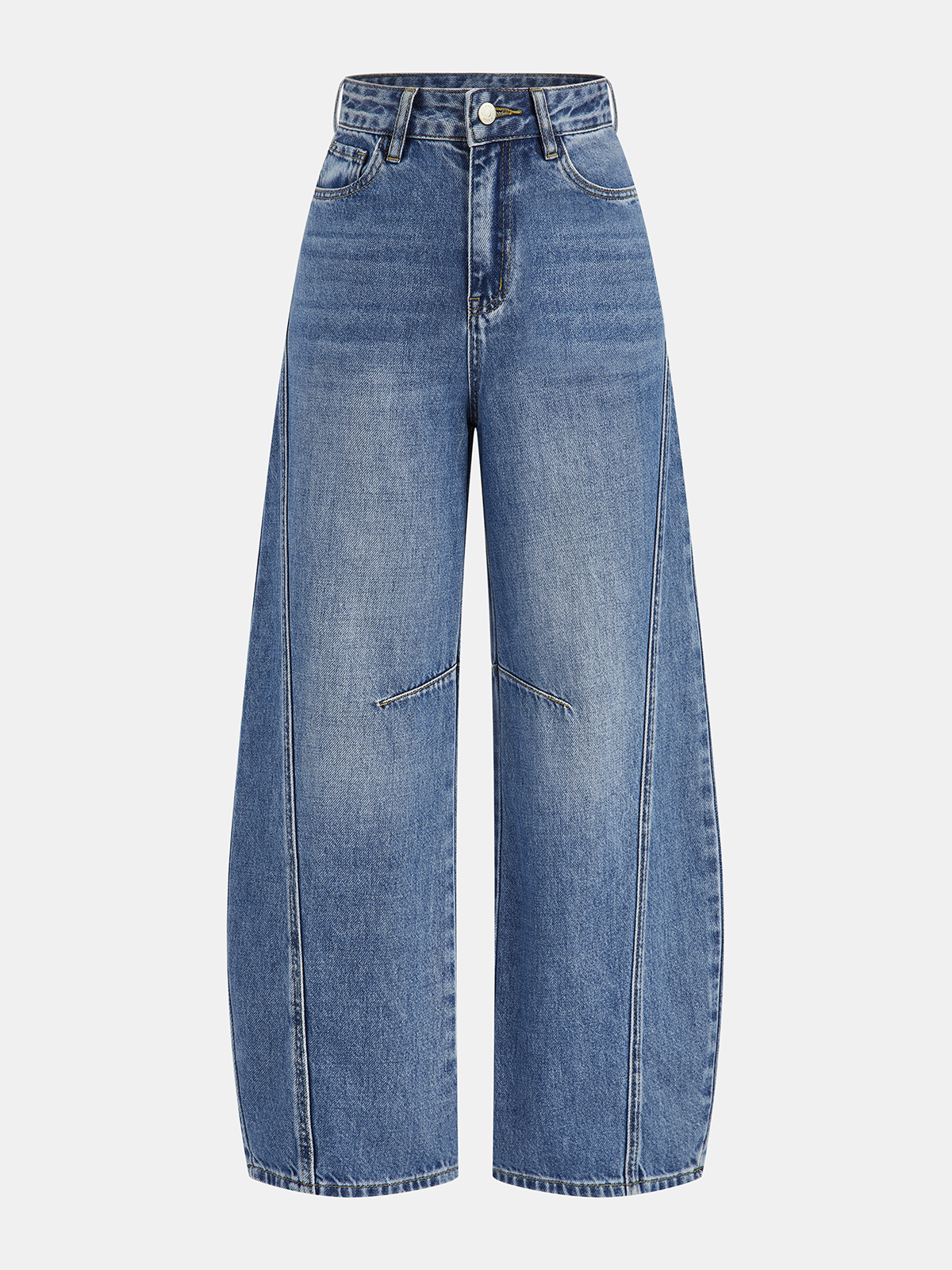 Women's High-Waist Jeans with Curved Barrel Leg - Blue