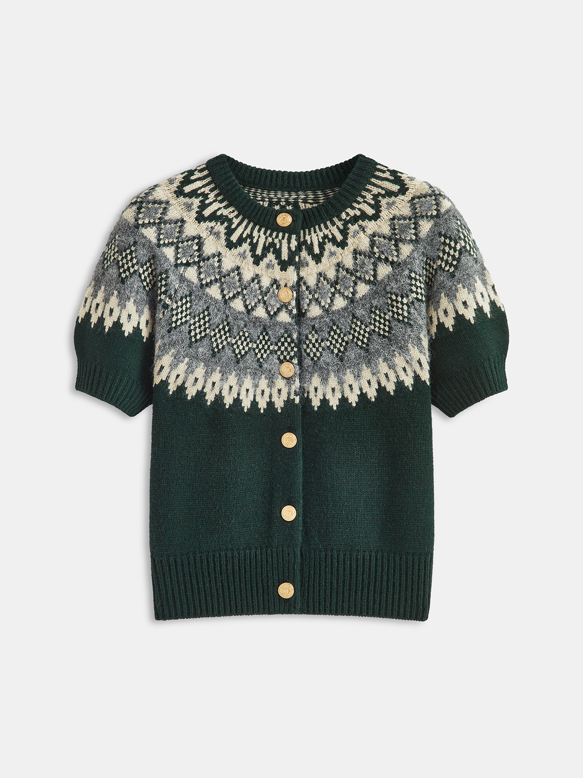Women's Short-Sleeve Cardigan with Fair Isle Yoke and Button Front - 2