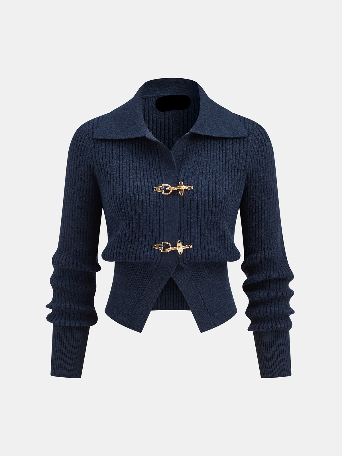 Women's Cropped Jumper Ribbed with Collar and Buckle Detail - 2