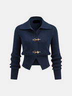 Women's Cropped Jumper Ribbed with Collar and Buckle Detail - 2