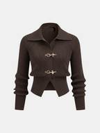 Women's Cropped Jumper Ribbed with Collar and Buckle Detail - 3