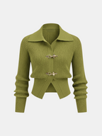 Women's Cropped Jumper Ribbed with Collar and Buckle Detail - 4