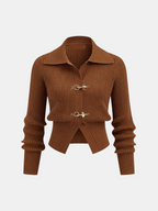 Women's Cropped Jumper Ribbed with Collar and Buckle Detail - 5