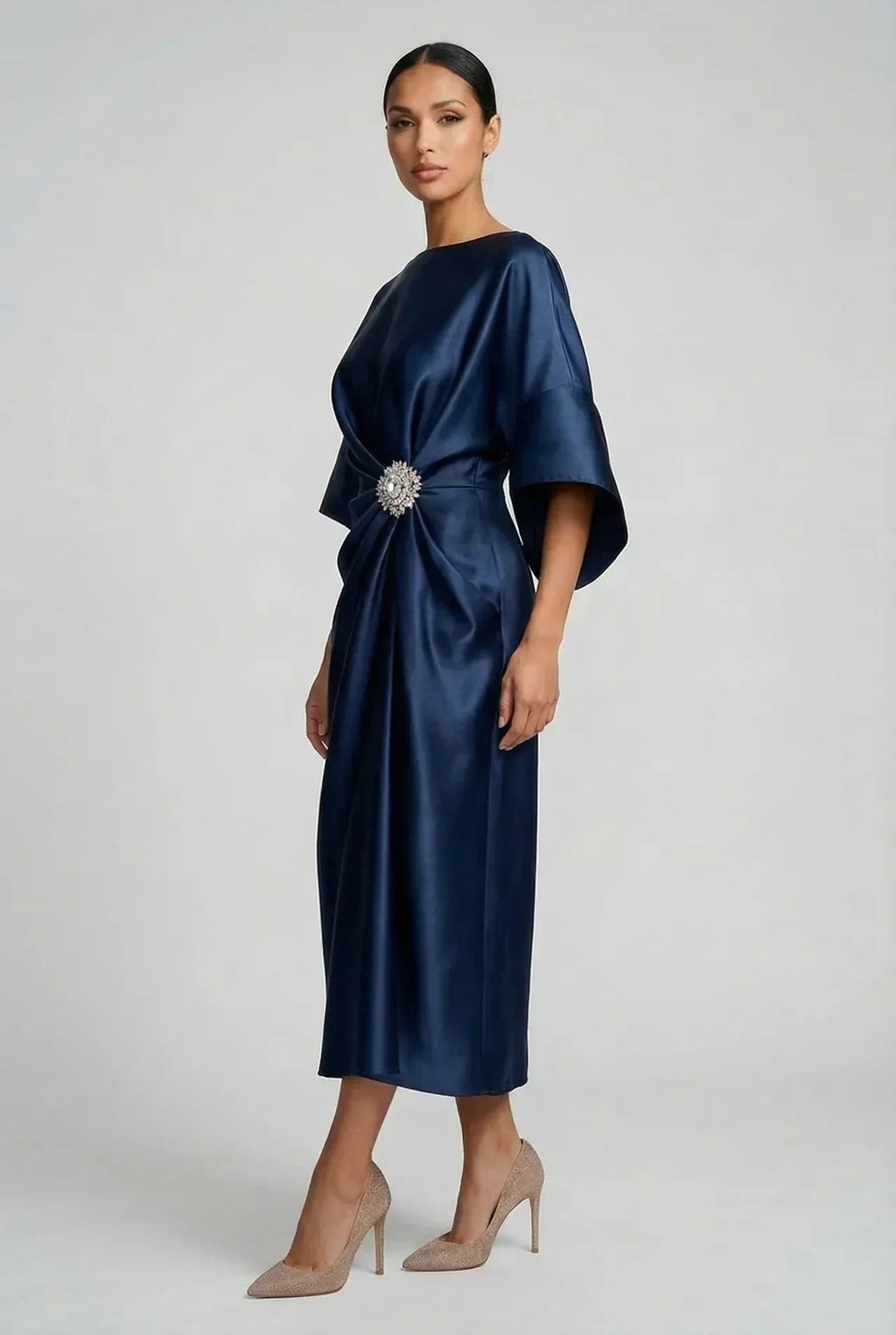 Women's Batwing Midi Dress with Jewel Neckline and Draped Waist - 3