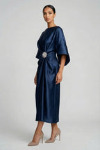 Women's Batwing Midi Dress with Jewel Neckline and Draped Waist - 3