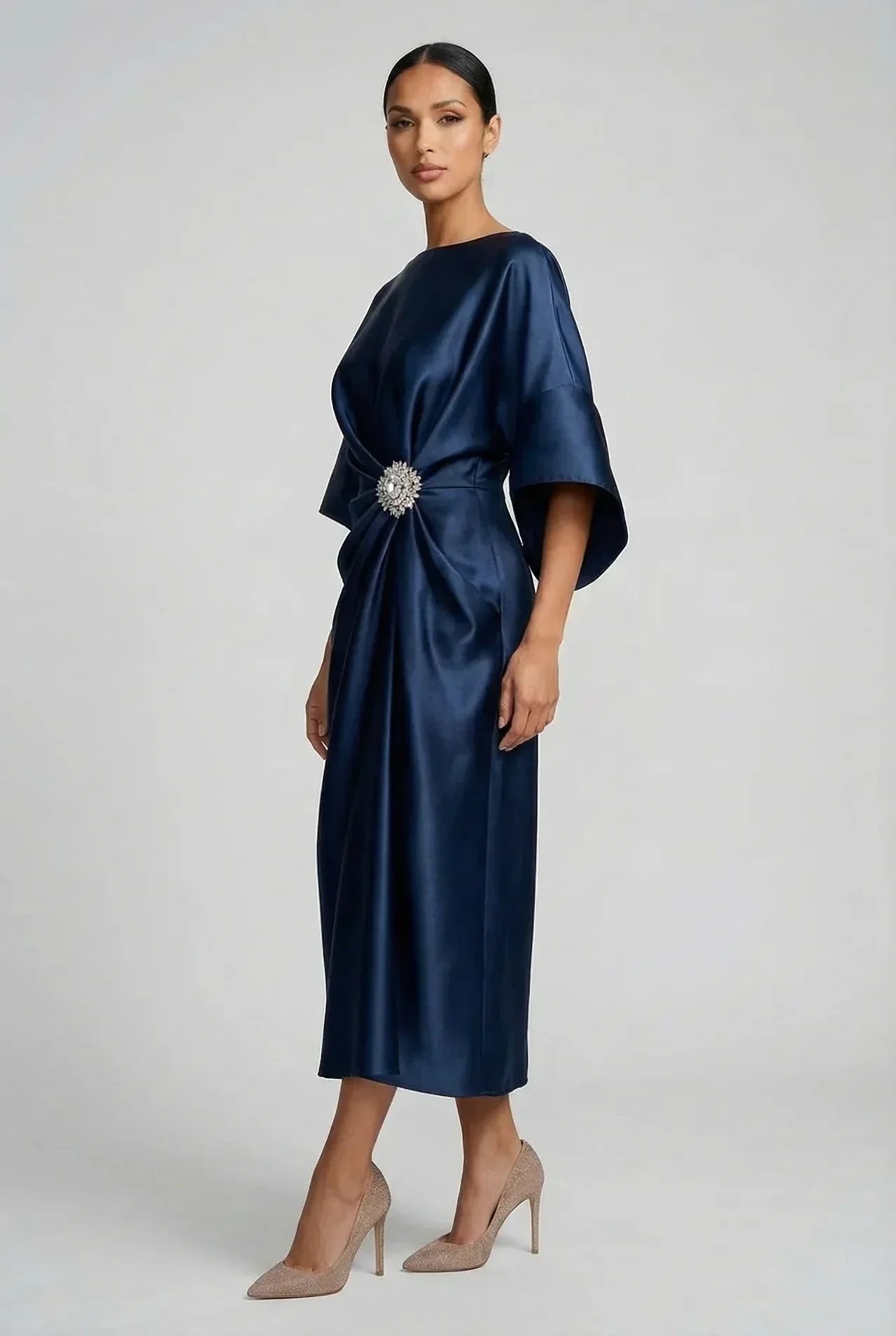 Women's Batwing Midi Dress with Jewel Neckline and Draped Waist - 3