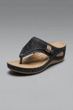 Women's Wide Fit Wedge Sandals with Toe Post Strap - Black