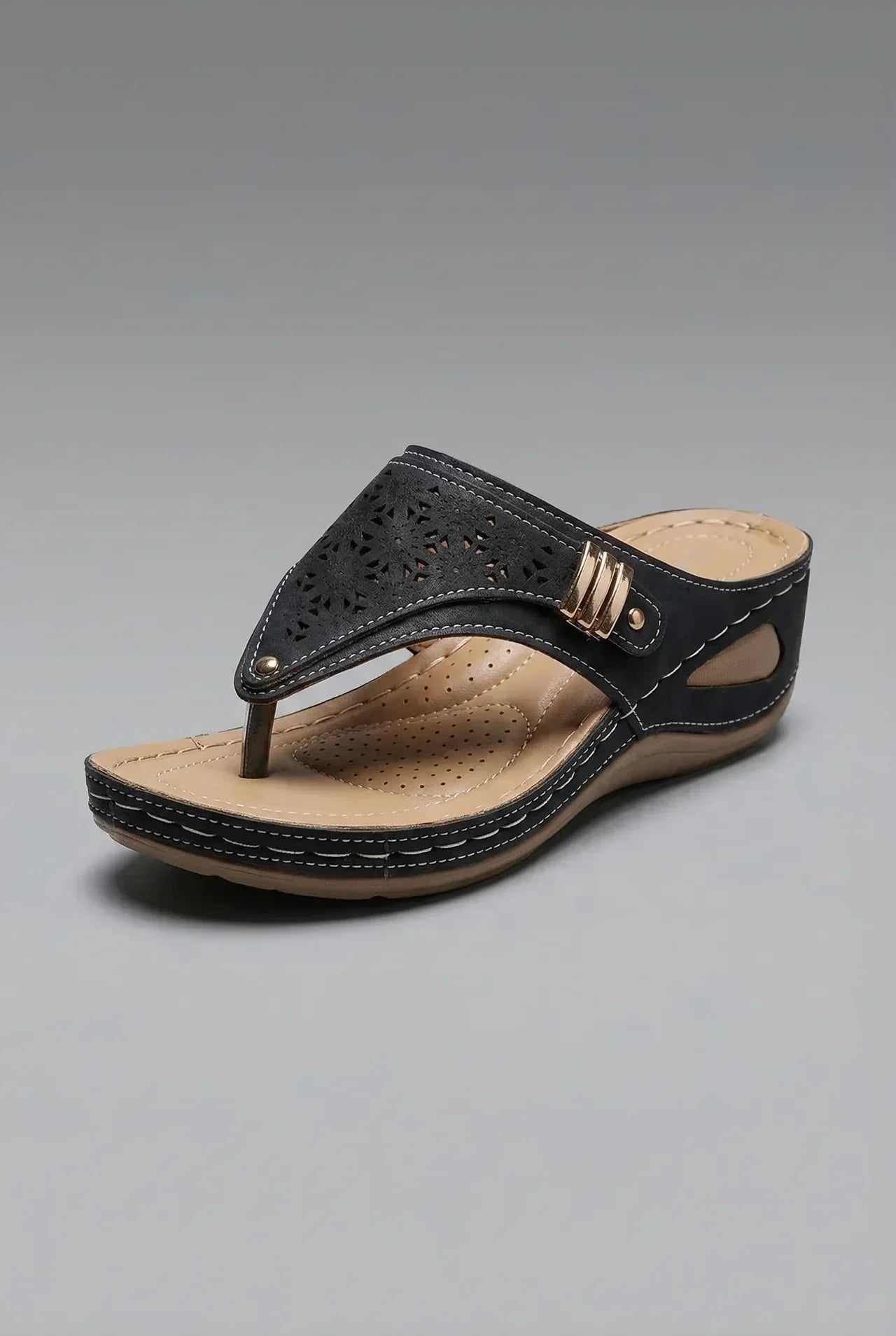 Women's Wide Fit Wedge Sandals with Toe Post Strap - Black