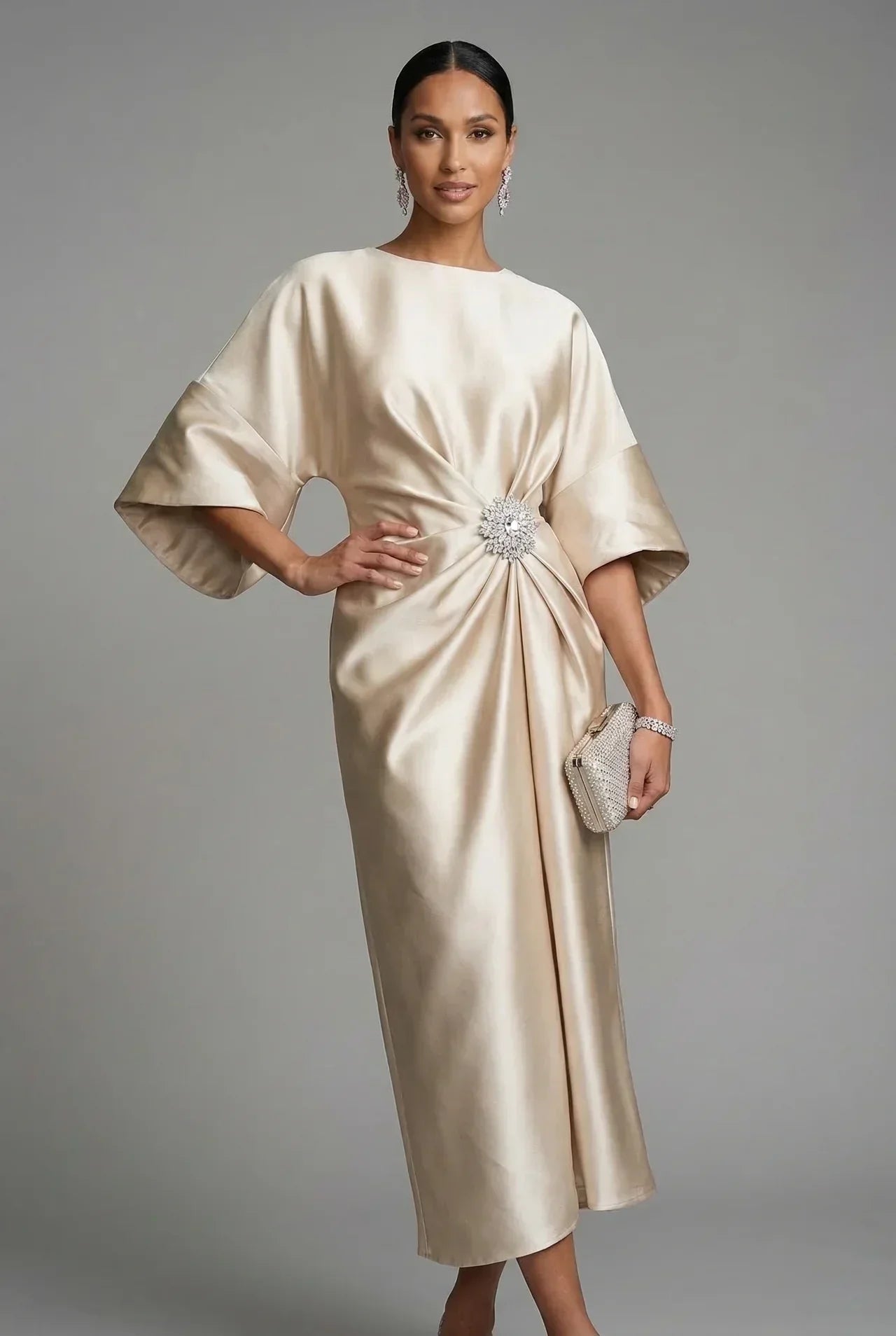Women's Batwing Midi Dress with Jewel Neckline and Draped Waist - Champagne