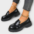 Women's Chunky Platform Loafers with Round Toe - Black
