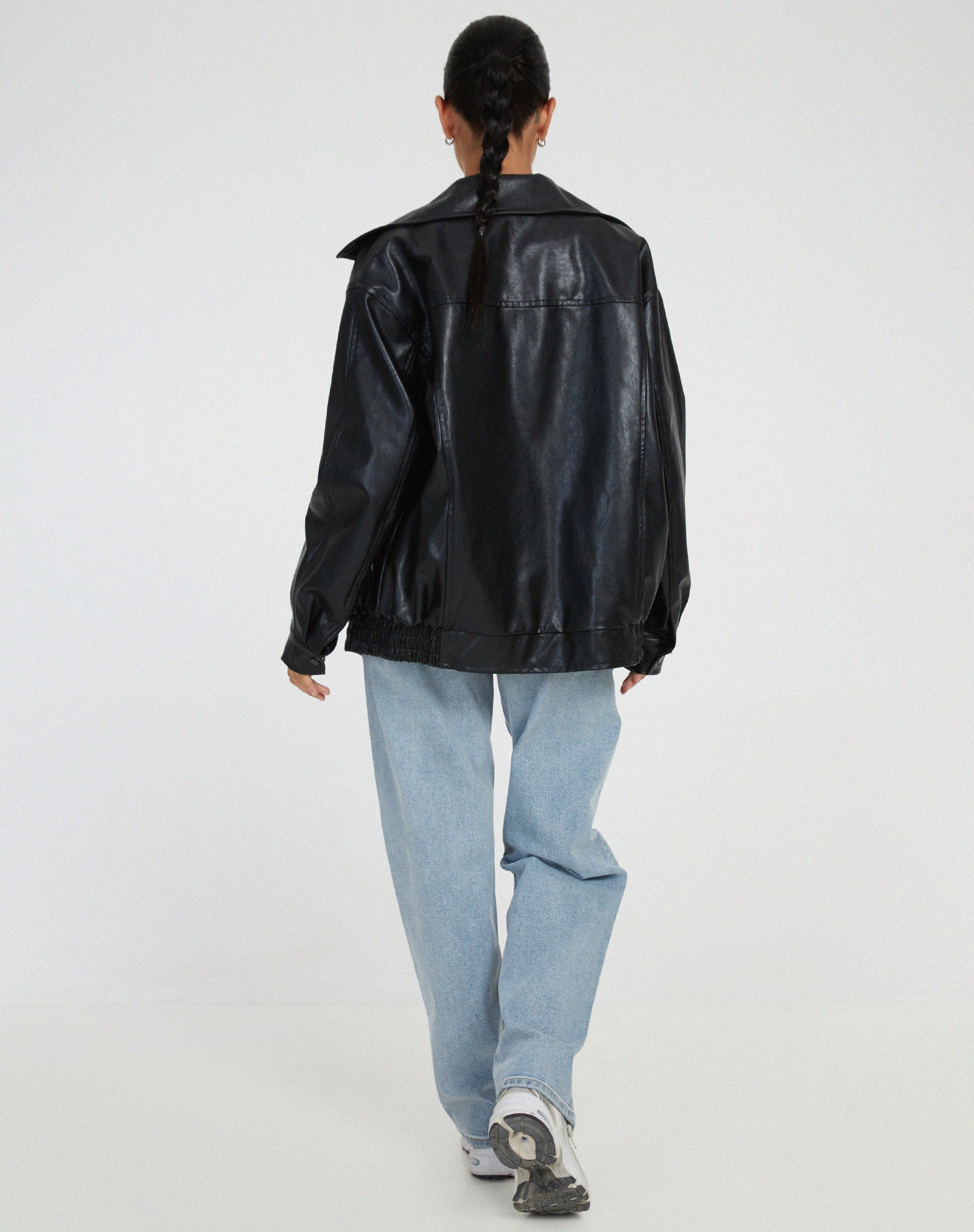 Women's Oversized Bomber Jacket in Faux Leather with Zip Front - 6