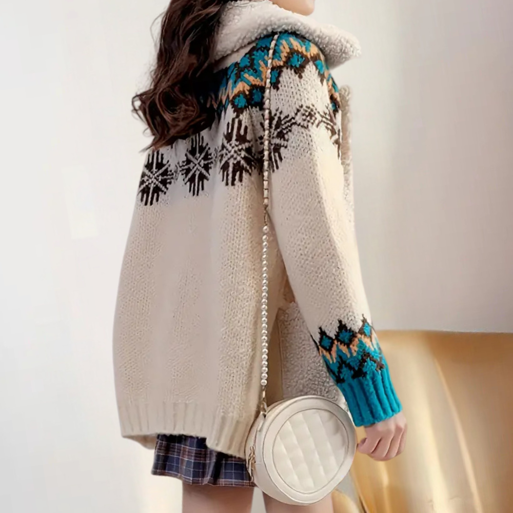 Women's Cardigan Buttoned with Fleece Collar and Patterned Sleeves - 4