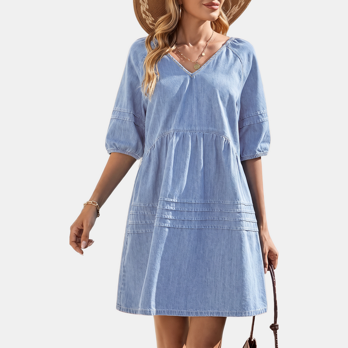 Women's Puff Sleeve Empire Waist V-Neck Mini Dress - Beau Blue
