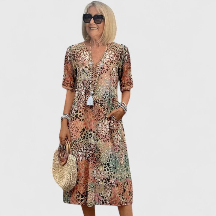 Women's Midi Dress with V-Neck and Short Sleeves - Beige