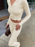 Women's Zip Front Lounge Set with Cropped Top and Flared Trousers - Beige